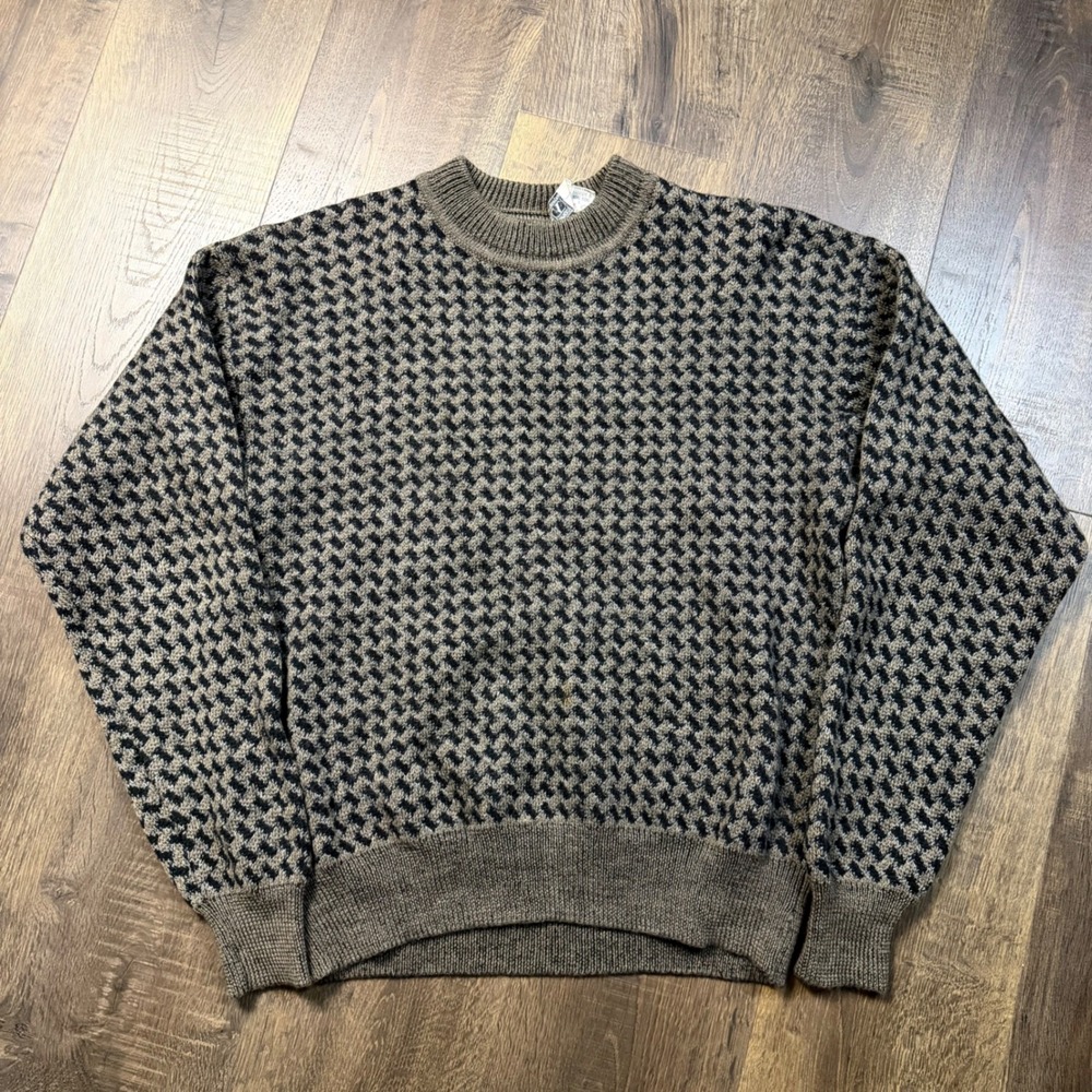 Vintage 80s 90s Valentino Uomo Mens L Brown Houndstooth Wool Sweater